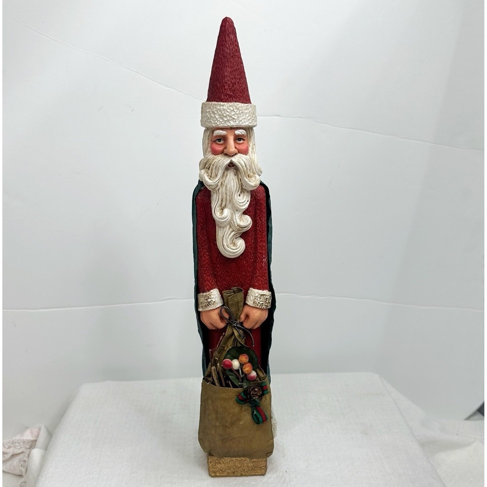 Tall 17" Skinny Carved Old World Santa Cloth Canvas Coat Cape Christmas Figurine